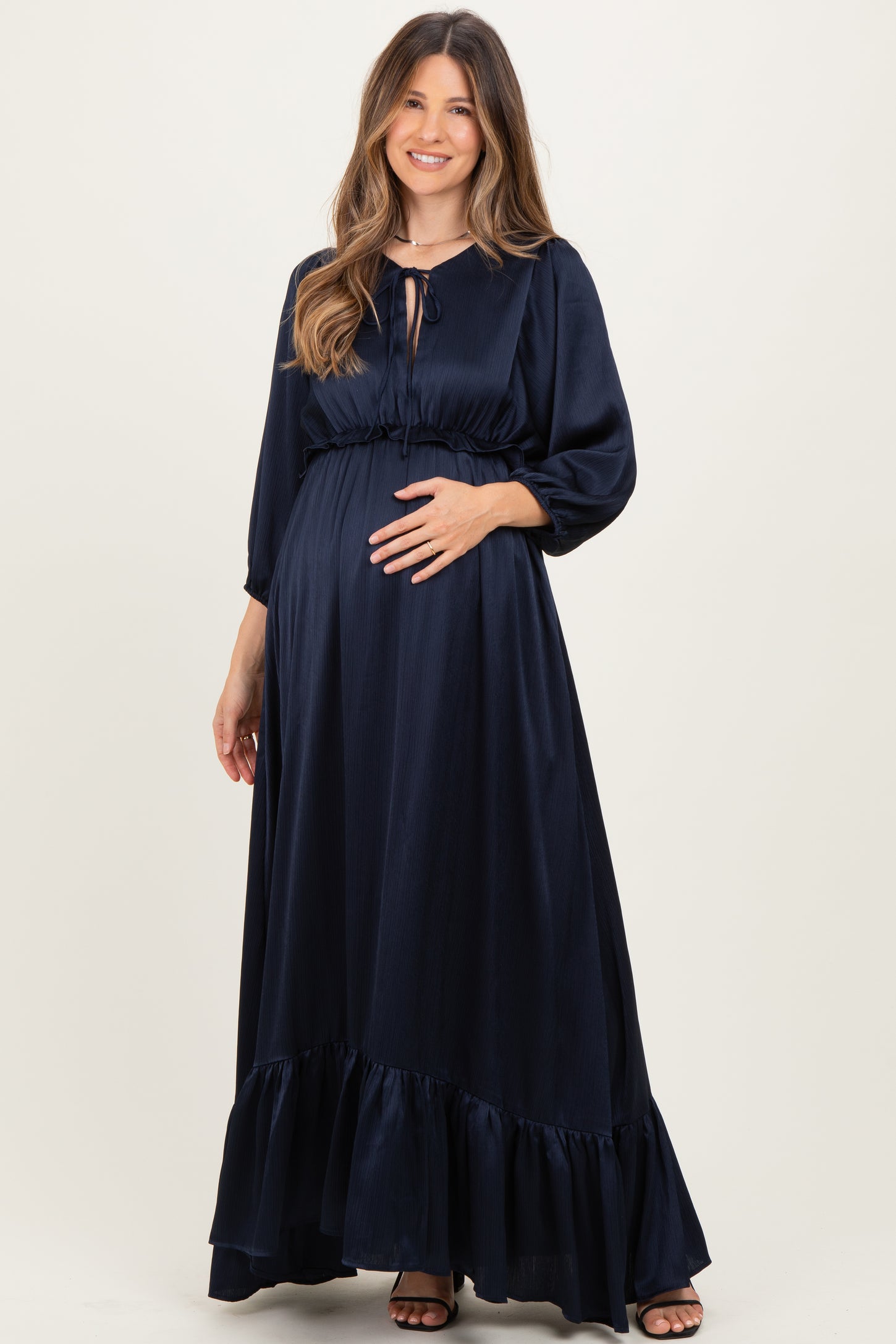 Navy Solid Satin Long Sleeve Open V-Neck Ruffle Waist Tiered Maternity Maxi Dress
