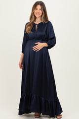 Navy Solid Satin Long Sleeve Open V-Neck Ruffle Waist Tiered Maternity Maxi Dress
