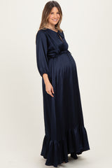 Navy Solid Satin Long Sleeve Open V-Neck Ruffle Waist Tiered Maternity Maxi Dress