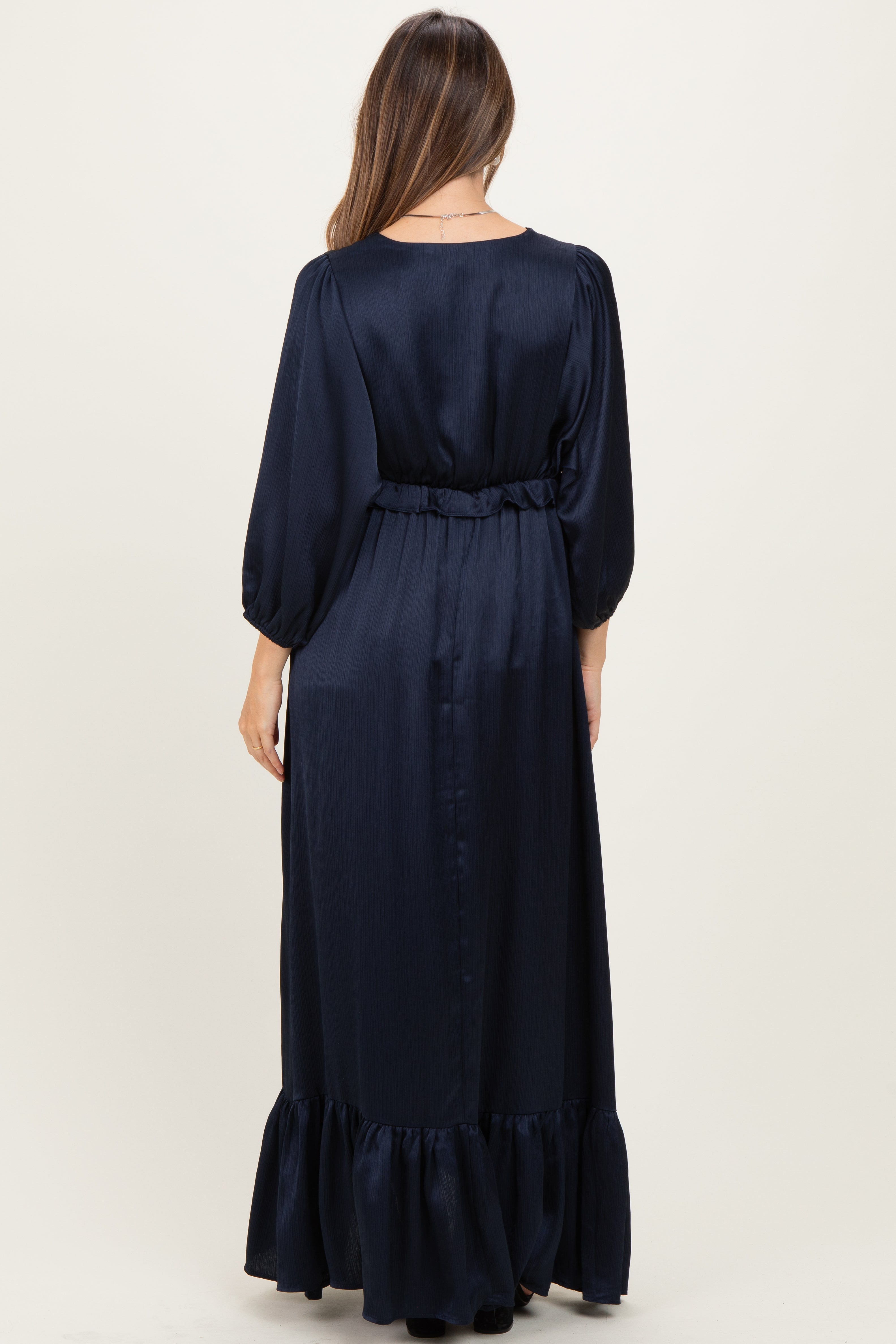 Navy Solid Satin Long Sleeve Open V-Neck Ruffle Waist Tiered Maternity – PinkBlush