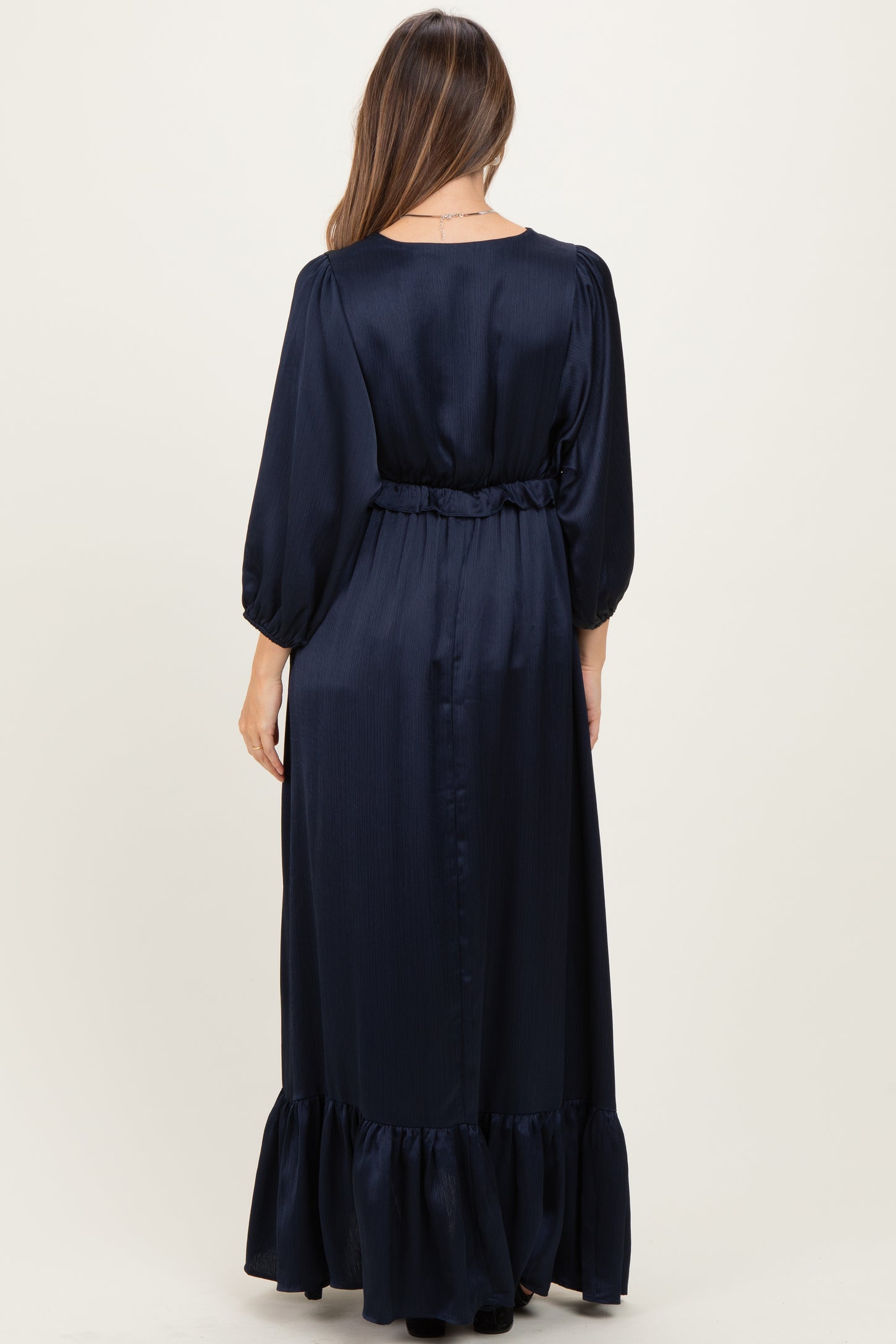 Navy Solid Satin Long Sleeve Open V-Neck Ruffle Waist Tiered Maternity Maxi Dress