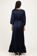 Navy Solid Satin Long Sleeve Open V-Neck Ruffle Waist Tiered Maxi Dress