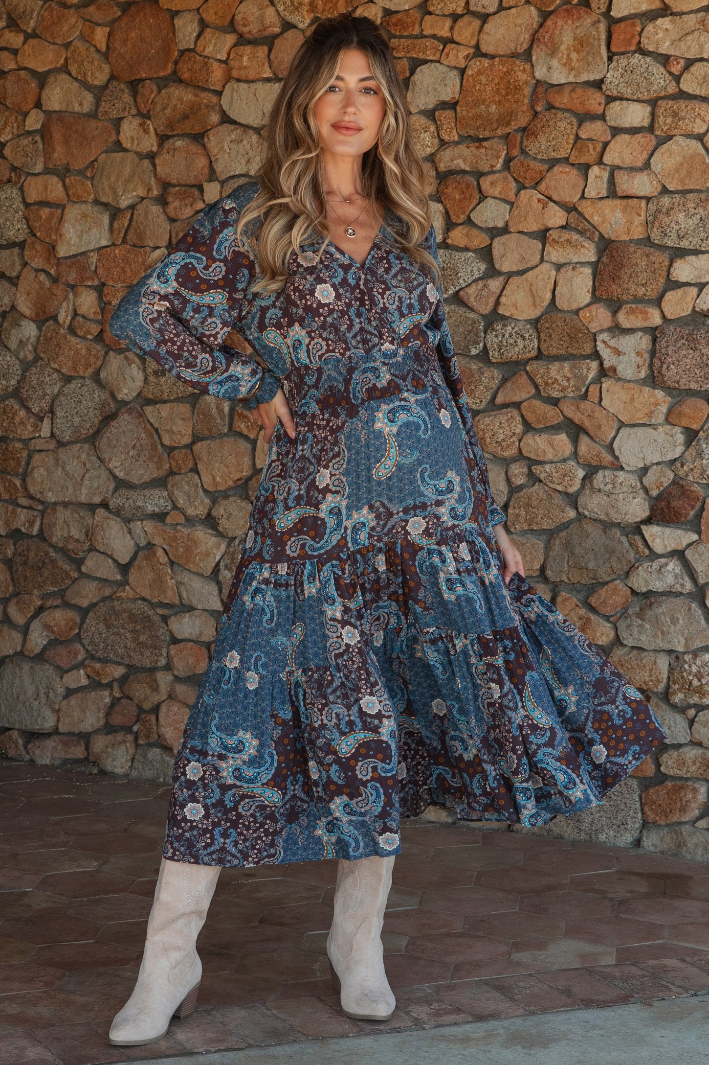 Teal Paisley Print Smocked Waist Tiered Maternity Midi Dress