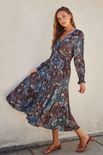 Teal Paisley Print Smocked Waist Tiered Midi Dress