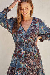 Teal Paisley Print Smocked Waist Tiered Midi Dress