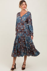 Teal Paisley Print Smocked Waist Tiered Maternity Midi Dress