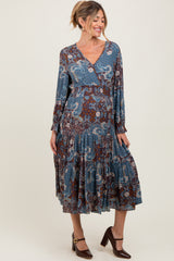 Teal Paisley Print Smocked Waist Tiered Maternity Midi Dress