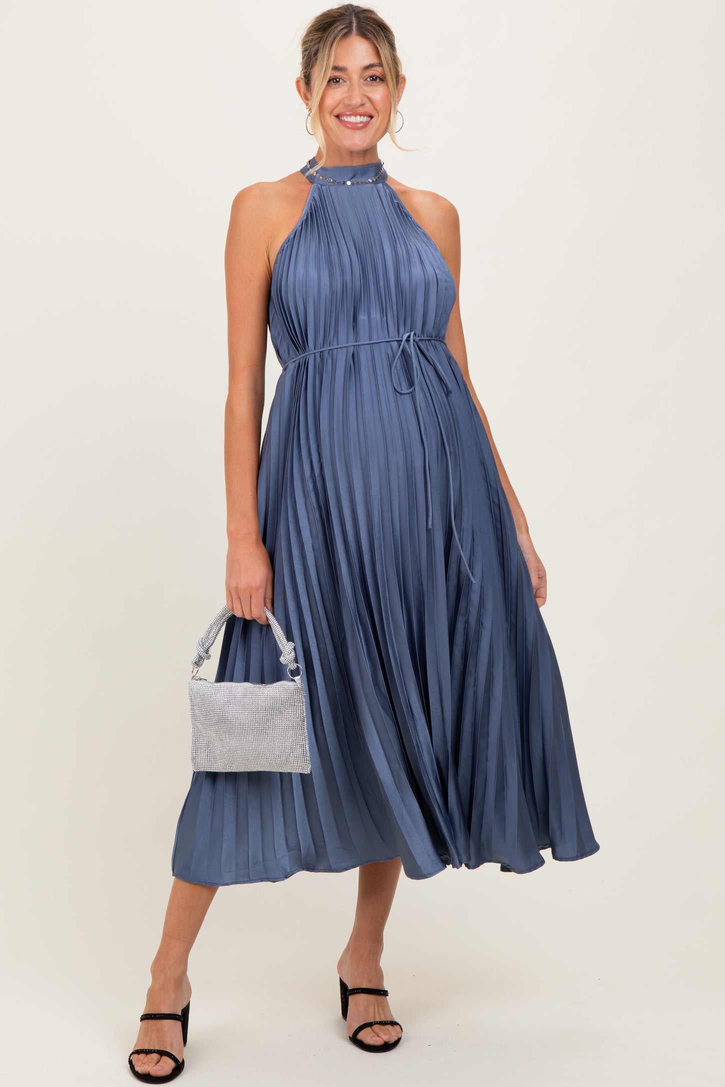 Navy Blue Pleated Maternity Halter Dress Navy Blue Pleated Maternity Halter Dress