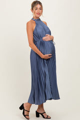 Navy Blue Pleated Maternity Halter Dress