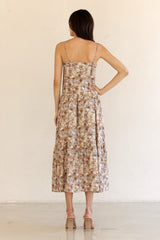 Taupe Floral Front Button Sleeveless Midi Dress