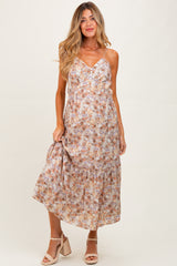 Taupe Floral Front Button Sleeveless Maternity Midi Dress