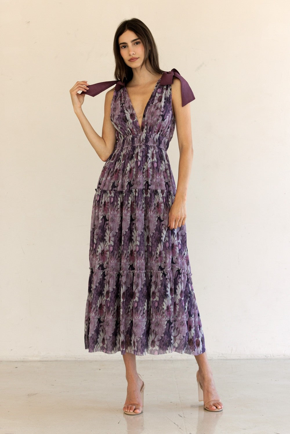 white christmas dresses Purple Floral Mesh Deep V-Neck Shoulder Tie Maxi Dress