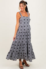 Black Gingham Floral Embroidered Maternity Maxi Dress