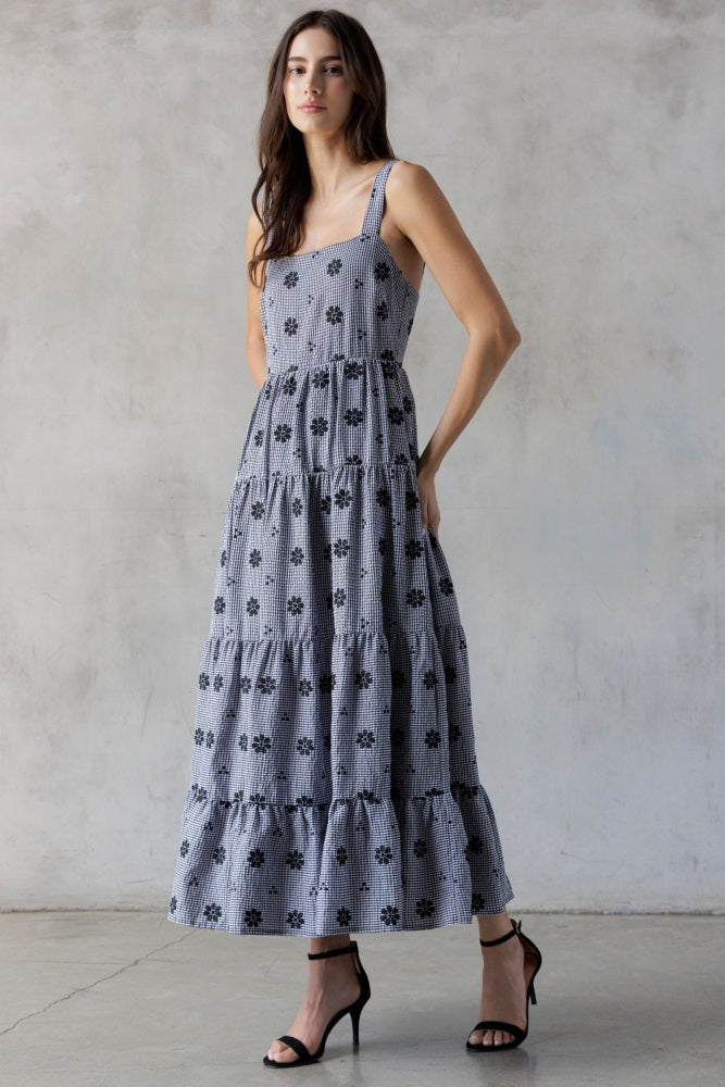 Black Gingham Floral Embroidered Maxi Dress