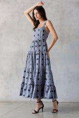 Black Gingham Floral Embroidered Maxi Dress