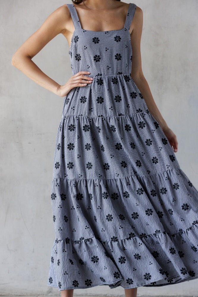 Black Gingham Floral Embroidered Maxi Dress