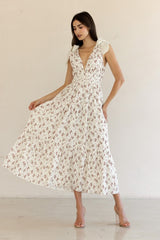 Ivory Floral Deep V-Neck Shoulder Tie Midi Dress