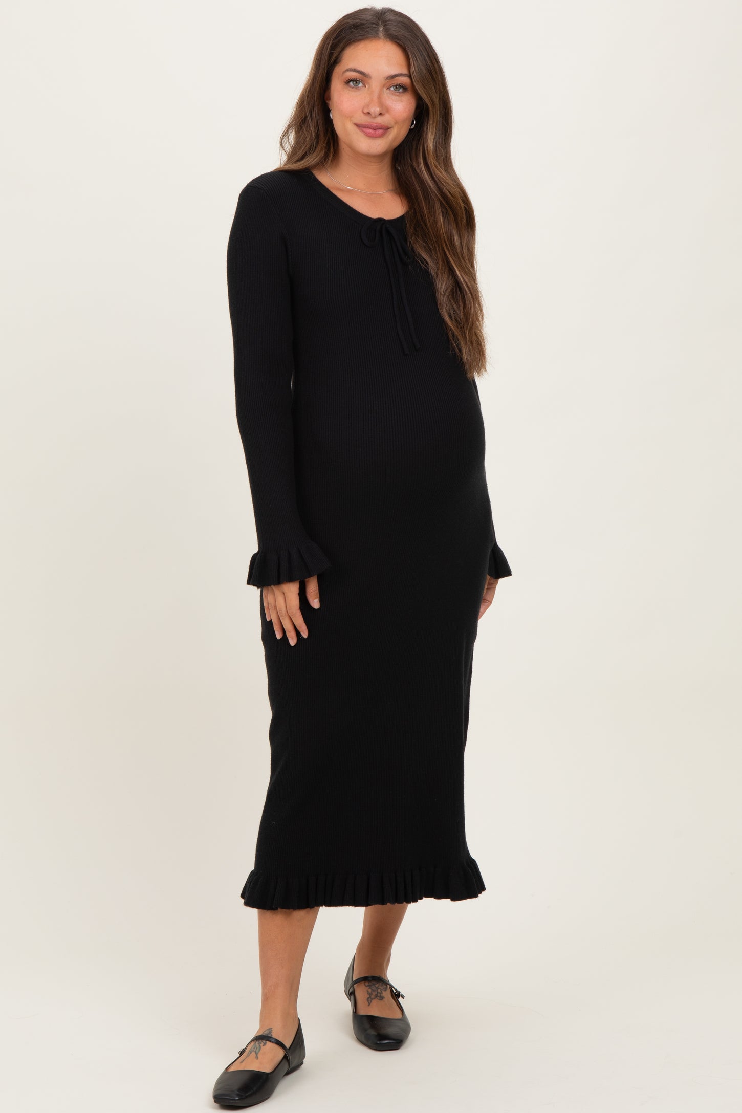 Black Ribbed Knit Ruffle Trim Maternity Midi Sweater Dress – PinkBlush