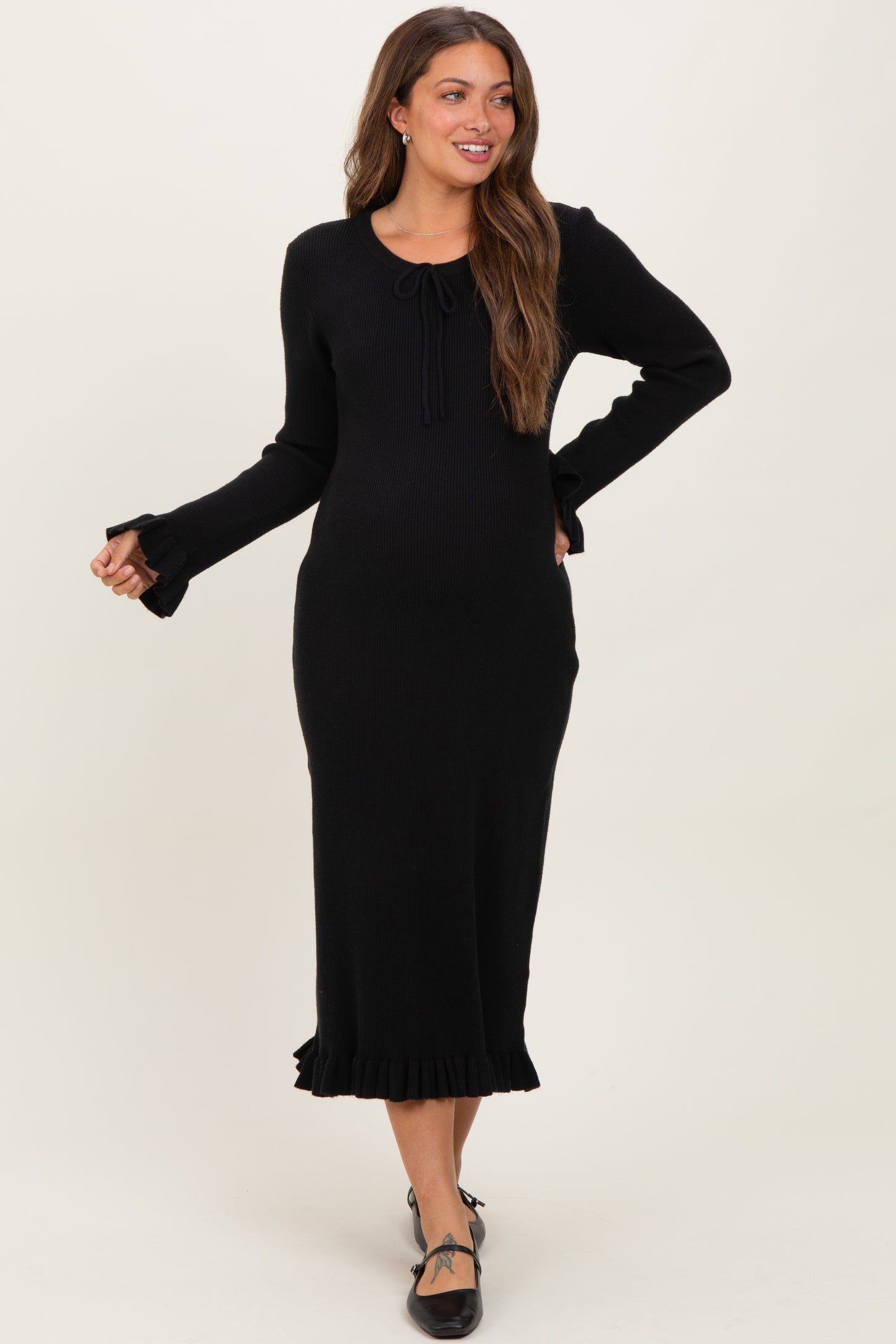 Black Ribbed Knit Ruffle Trim Maternity Midi Sweater Dress – PinkBlush Black Ribbed Knit Ruffle Trim Maternity Midi Sweater Dress – PinkBlush
