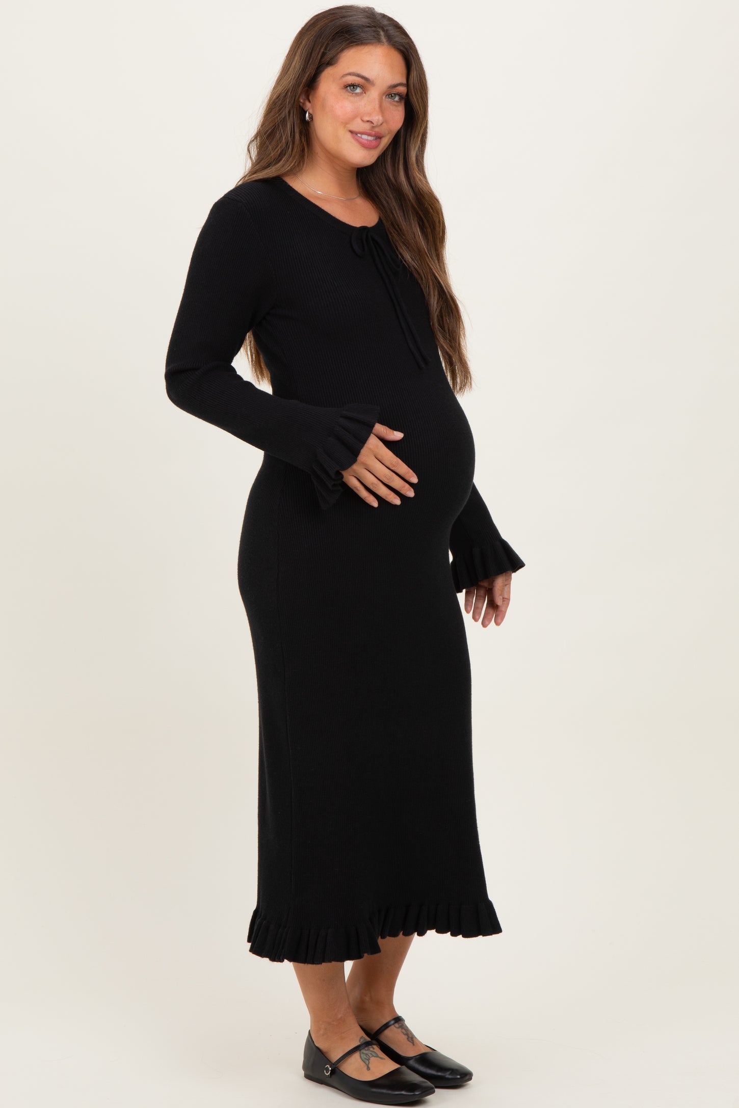 Black Ribbed Knit Ruffle Trim Maternity Midi Sweater Dress – PinkBlush