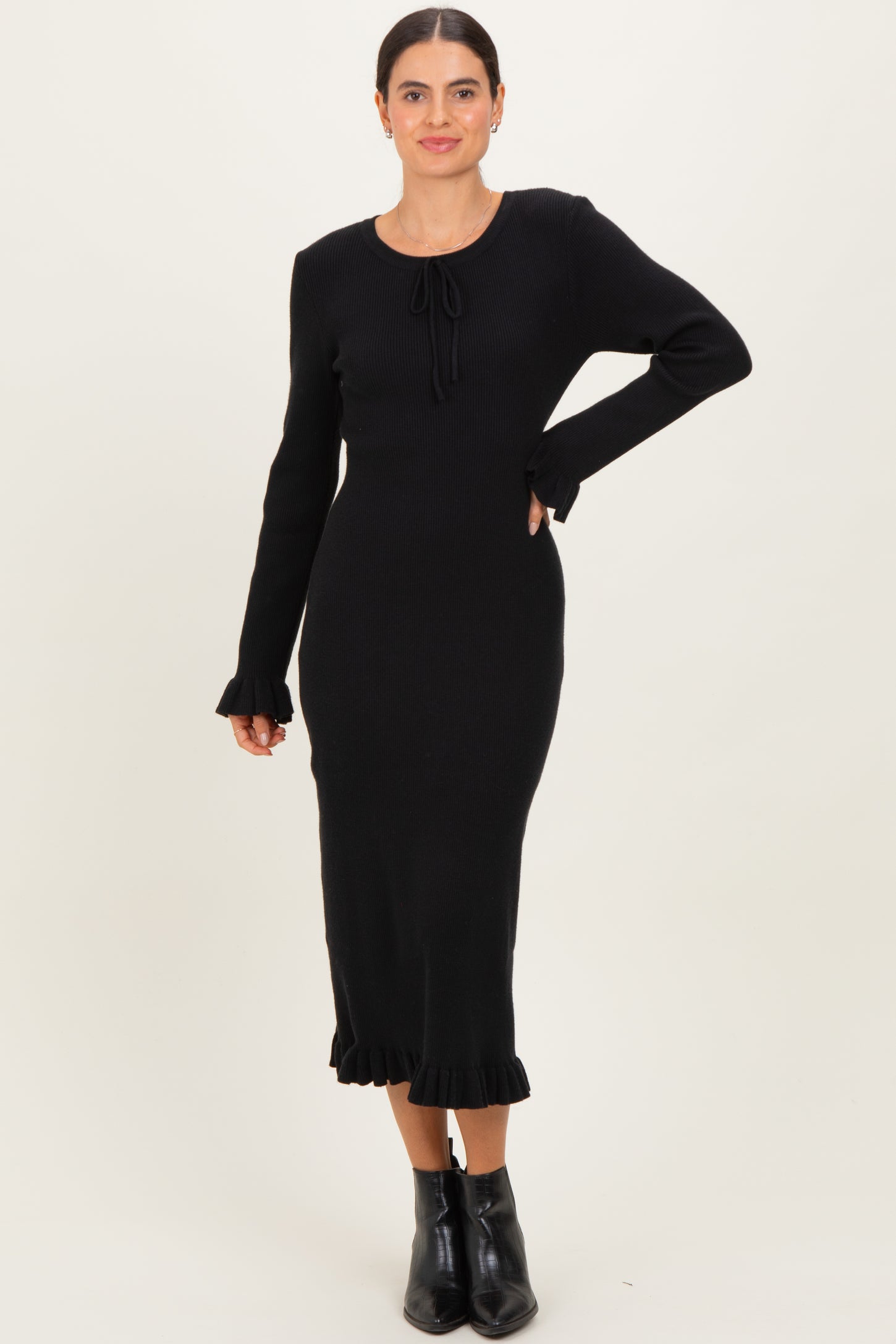 Black Ribbed Knit Ruffle Trim Maternity Midi Sweater Dress – PinkBlush