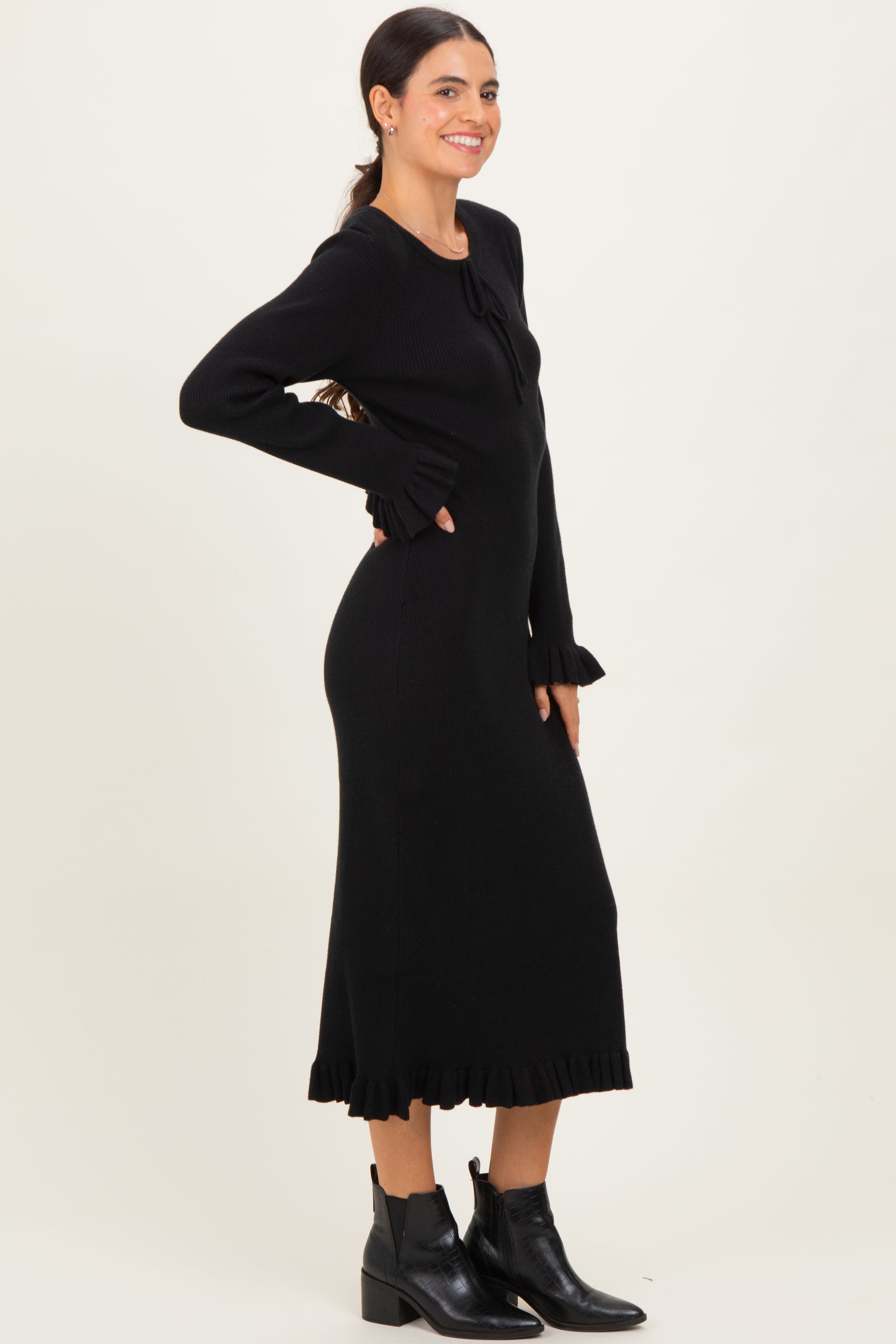 Black Ribbed Knit Ruffle Trim Midi Sweater Dress