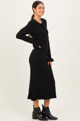 Black Ribbed Knit Ruffle Trim Midi Sweater Dress