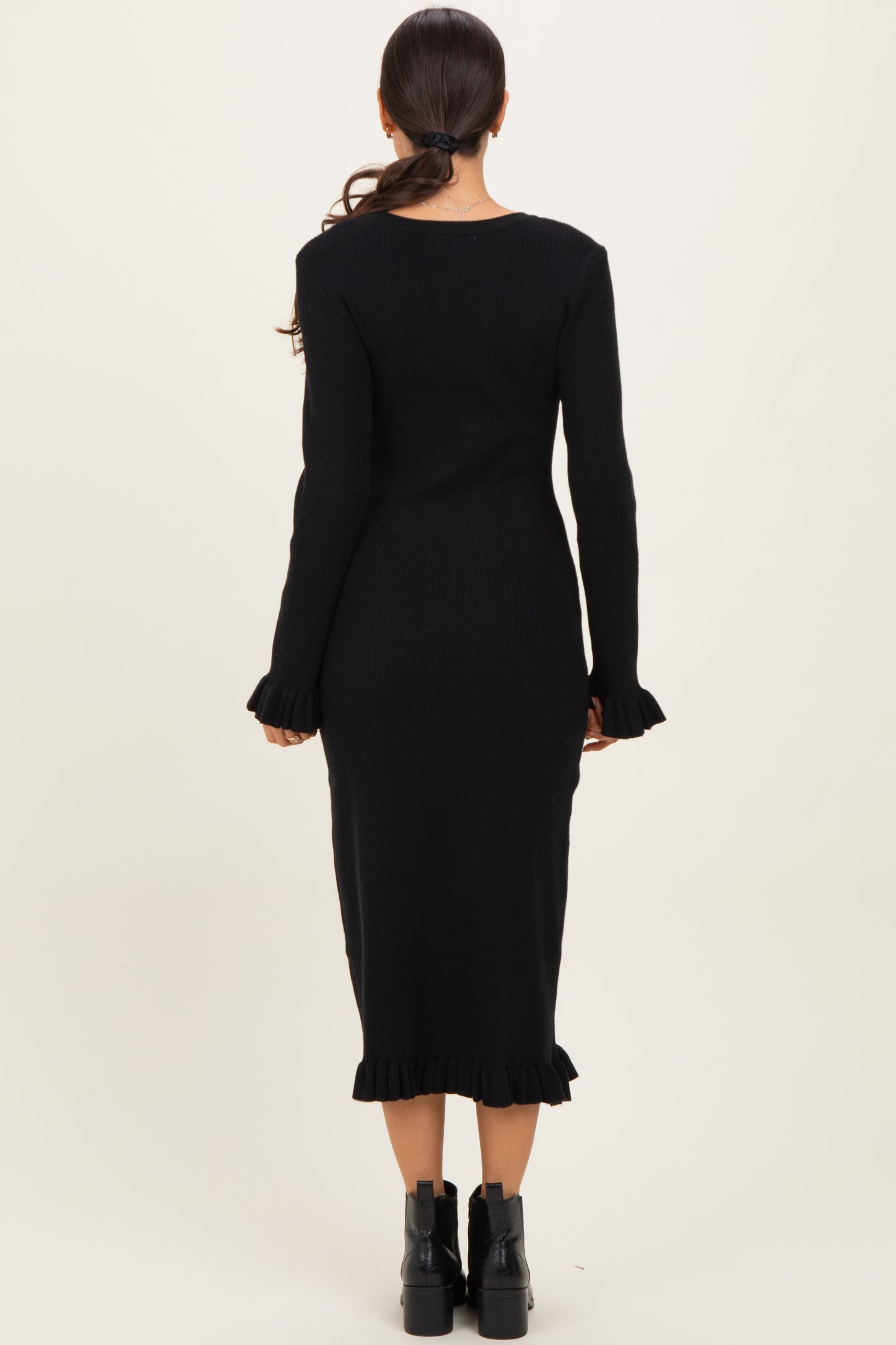 Black Ribbed Knit Ruffle Trim Midi Sweater Dress Black Ribbed Knit Ruffle Trim Midi Sweater Dress