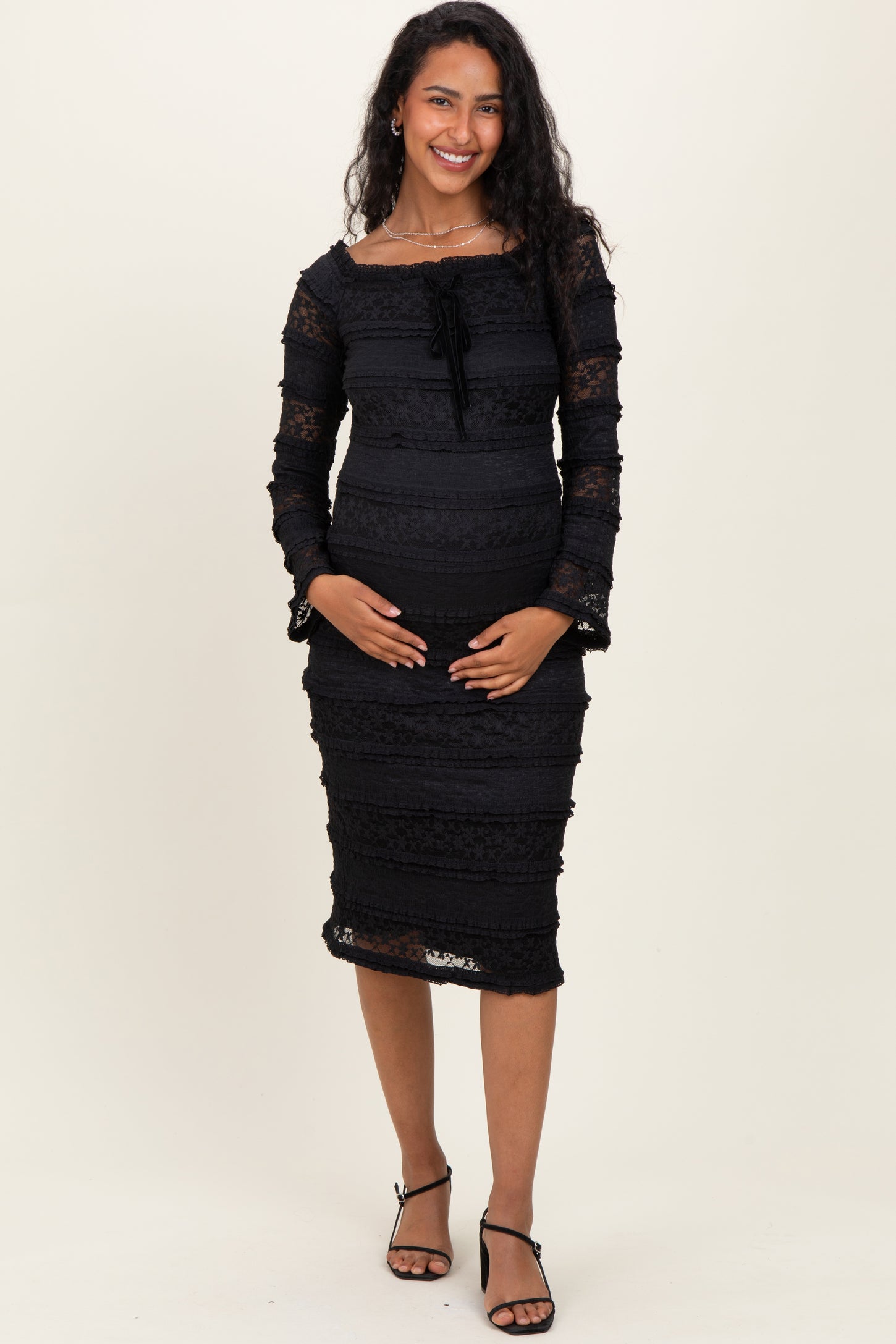 Black Lace Ruffle Tiered Off Shoulder Maternity Midi Dress