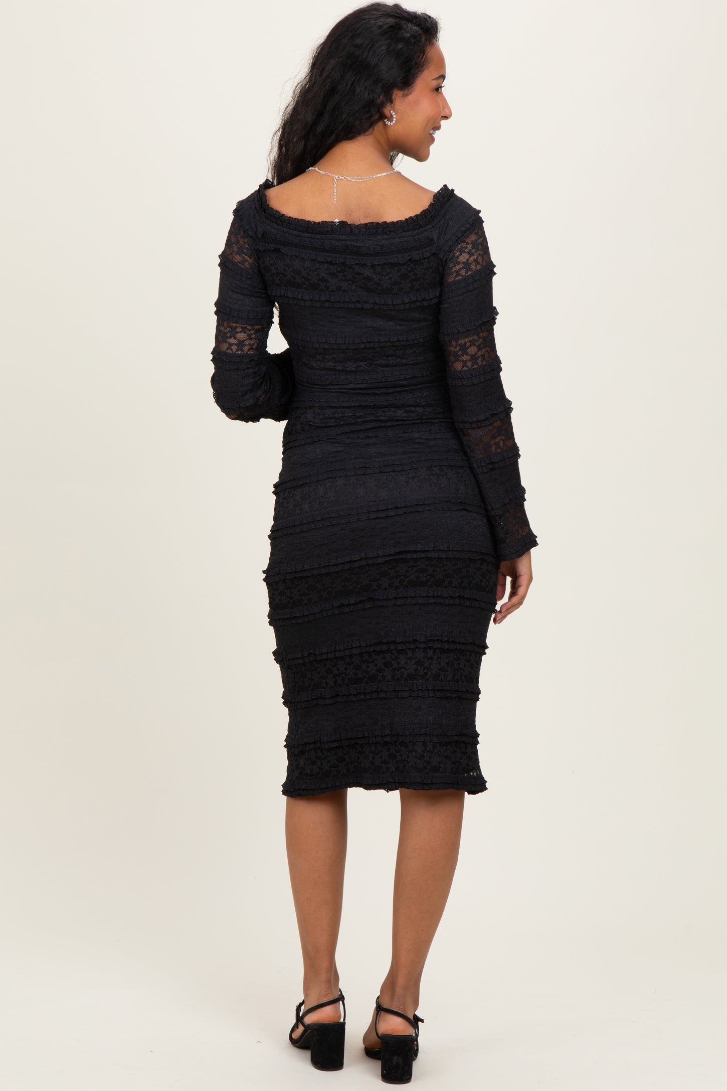 Black Lace Ruffle Tiered Off Shoulder Maternity Midi Dress Black Lace Ruffle Tiered Off Shoulder Maternity Midi Dress
