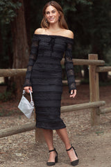 Black Lace Ruffle Tiered Off Shoulder Midi Dress