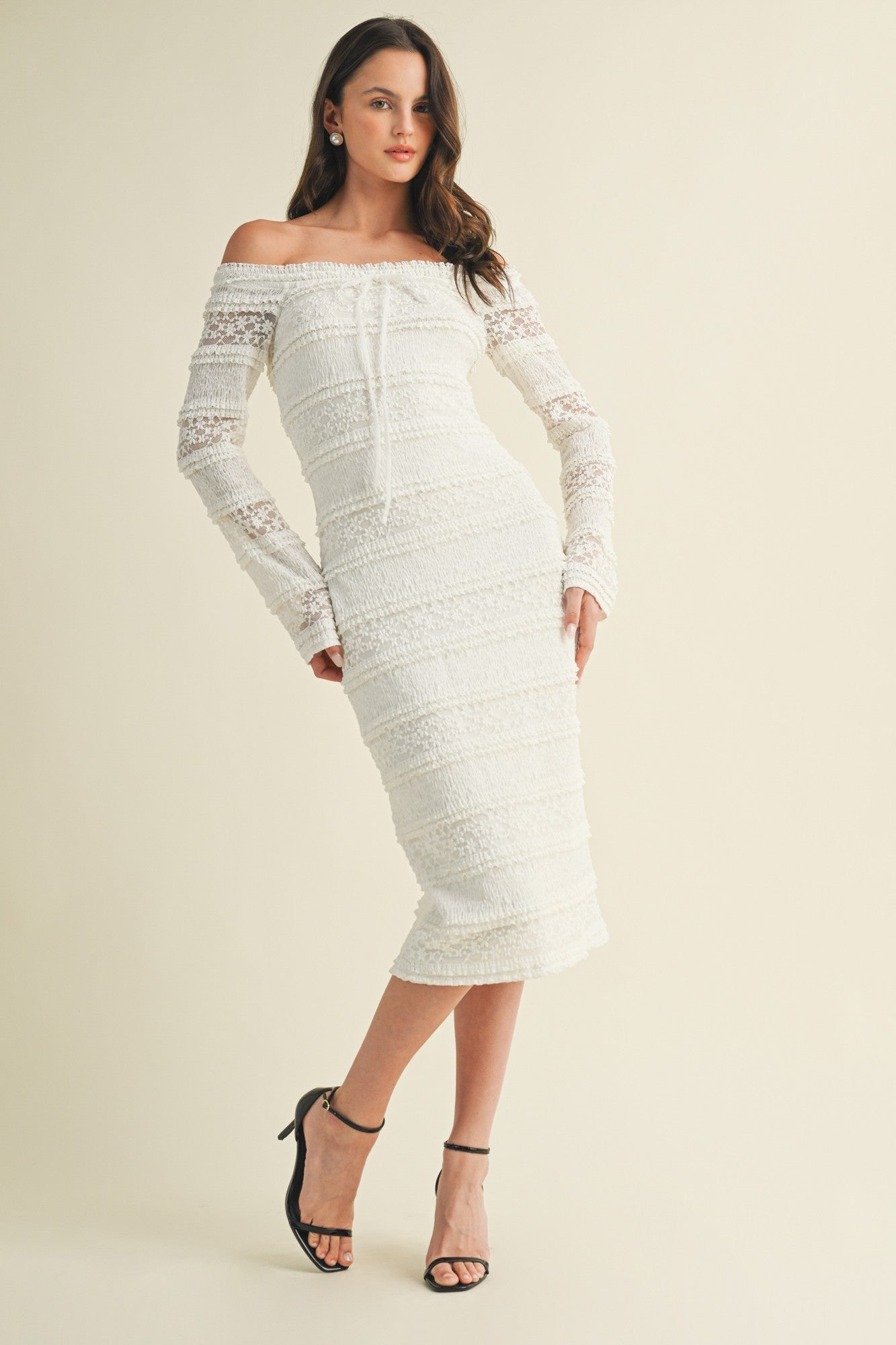 White Lace Ruffle Tiered Off Shoulder Midi Dress