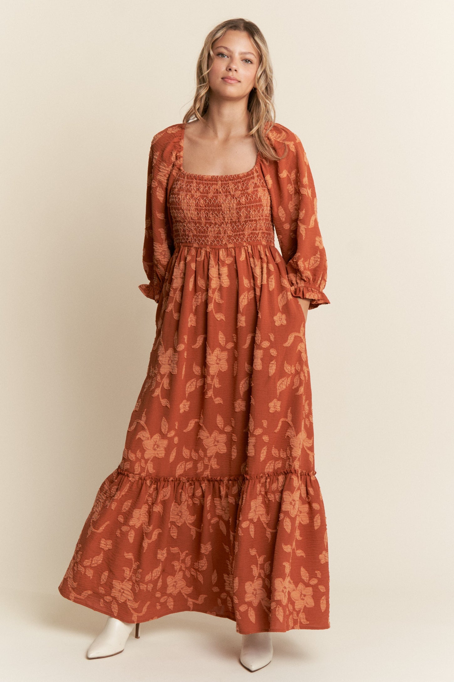 Rust Floral Print Smocked Bodice Maternity Maxi Dress
