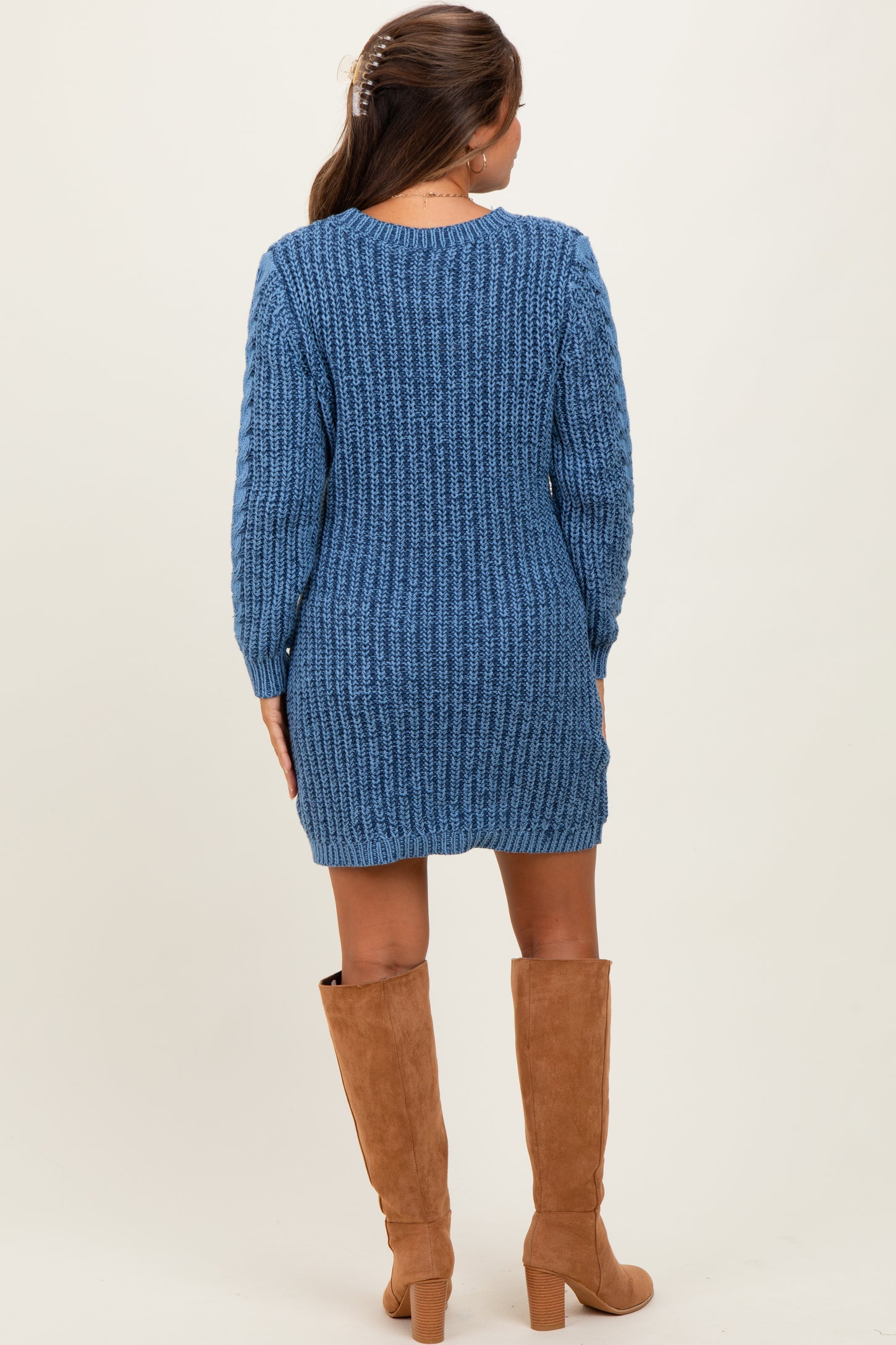 Blue Two Tone Cable Knit Maternity Mini Sweater Dress