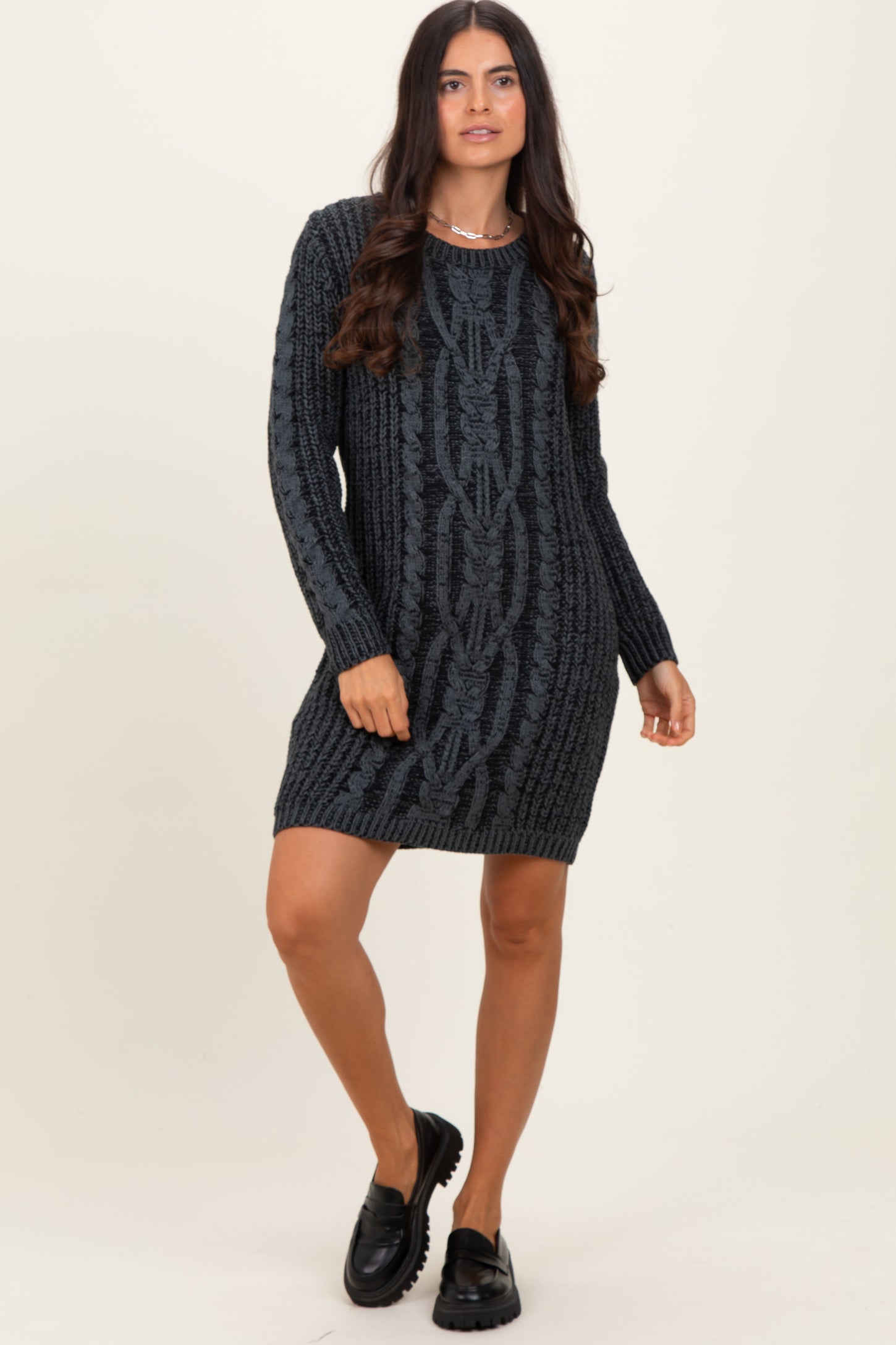 Black Two Tone Cable Knit Mini Sweater Dress PinkBlush Black Two Tone Cable Knit Mini Sweater Dress PinkBlush