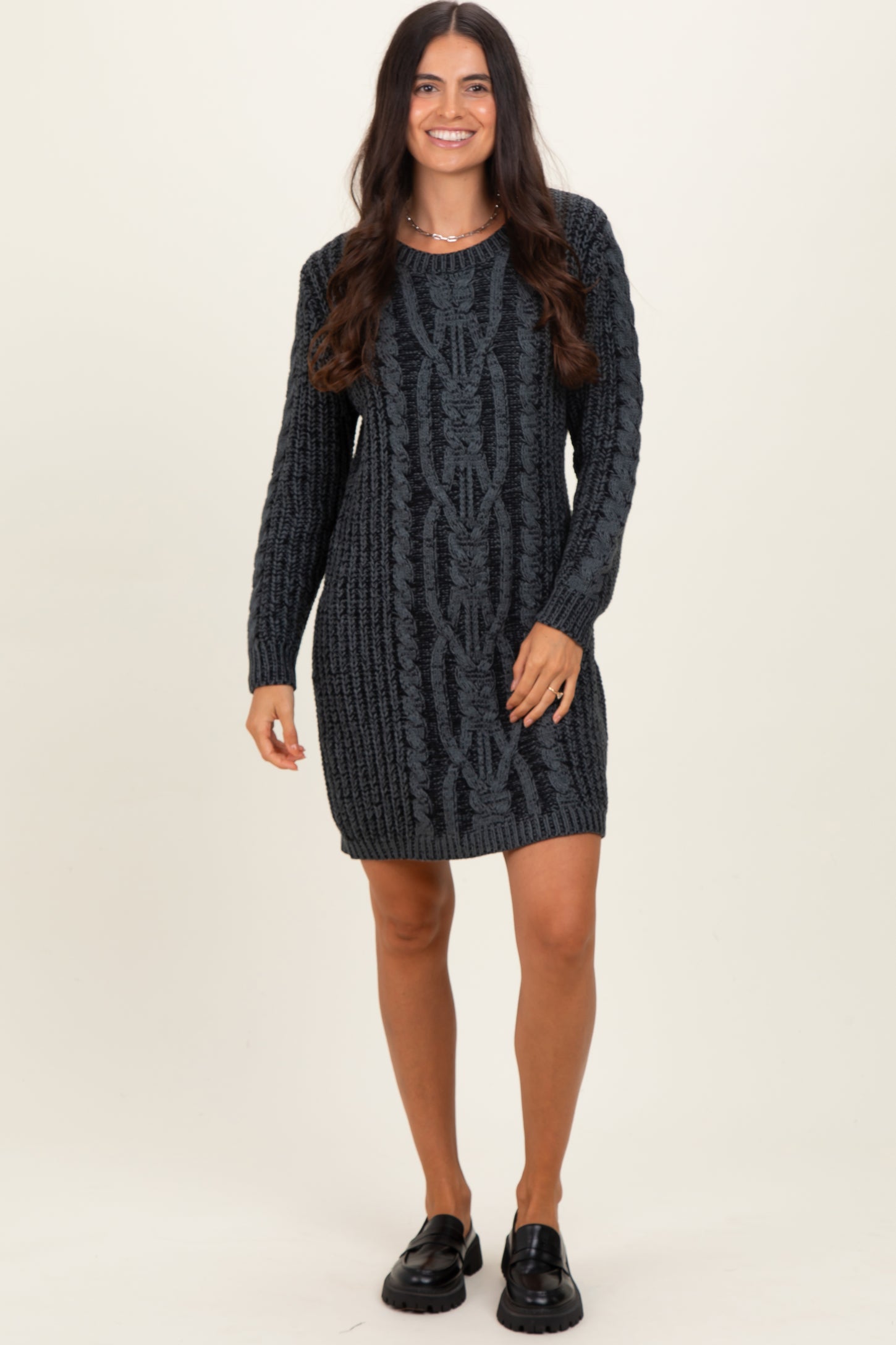 Black Two Tone Cable Knit Mini Sweater Dress