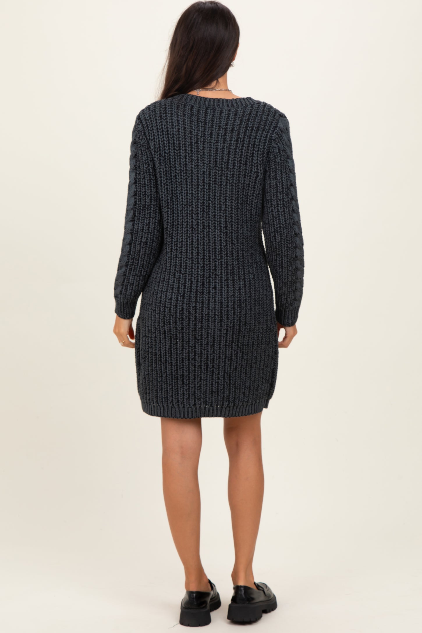 Black Two Tone Cable Knit Mini Sweater Dress