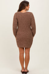 Brown Two Tone Cable Knit Maternity Mini Sweater Dress