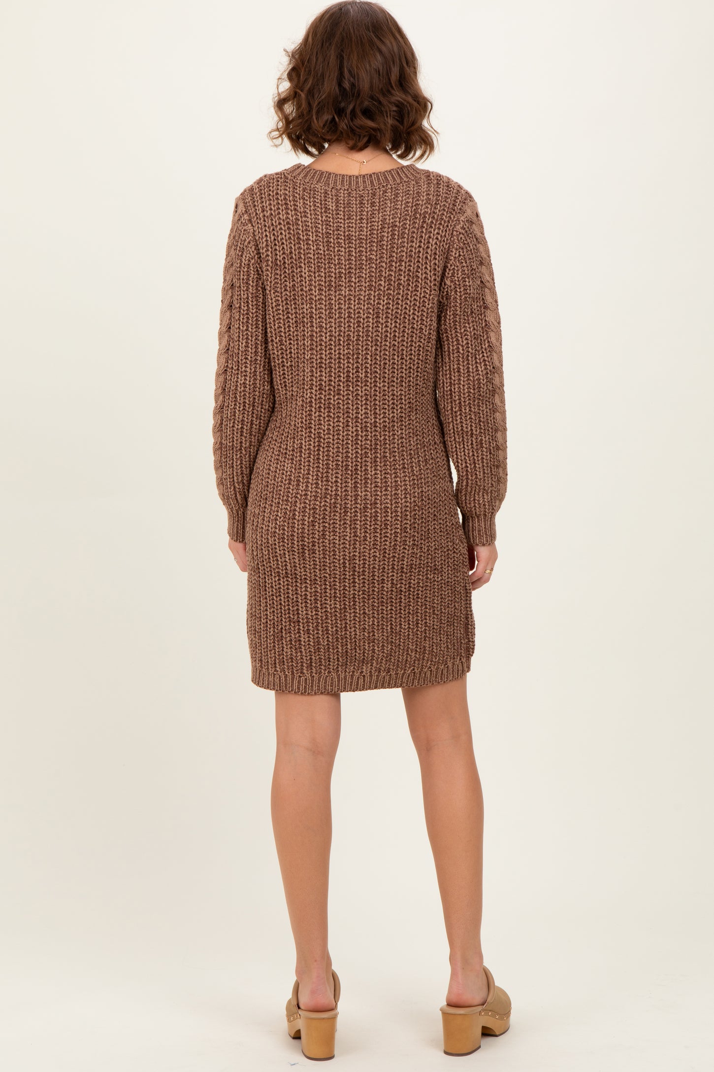 Brown Two Tone Cable Knit Mini Sweater Dress