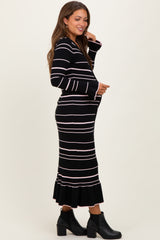 Black Striped Knit Ruffle Hem Button Down Maternity Midi Dress