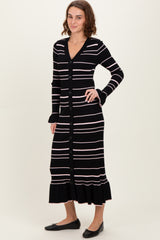 Black Striped Knit Ruffle Hem Button Down Midi Dress