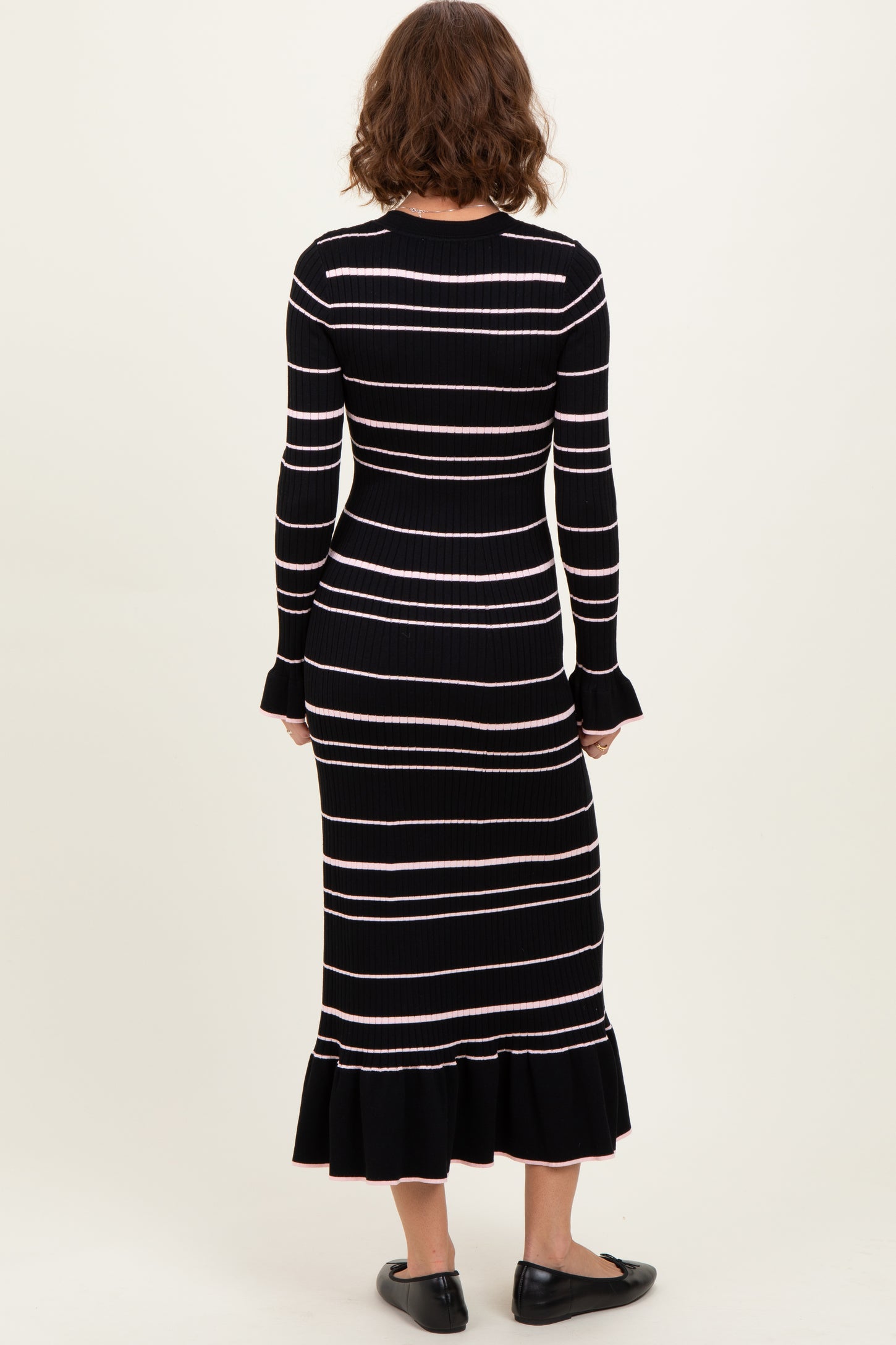 Black Striped Knit Ruffle Hem Button Down Midi Dress