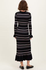 Black Striped Knit Ruffle Hem Button Down Midi Dress