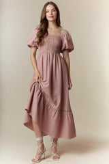 Mauve Plaid Smocked Puff Sleeve Maxi Dress