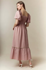 Mauve Plaid Smocked Puff Sleeve Maxi Dress