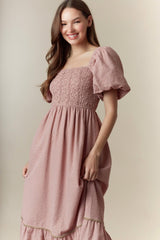 Mauve Plaid Smocked Puff Sleeve Maxi Dress