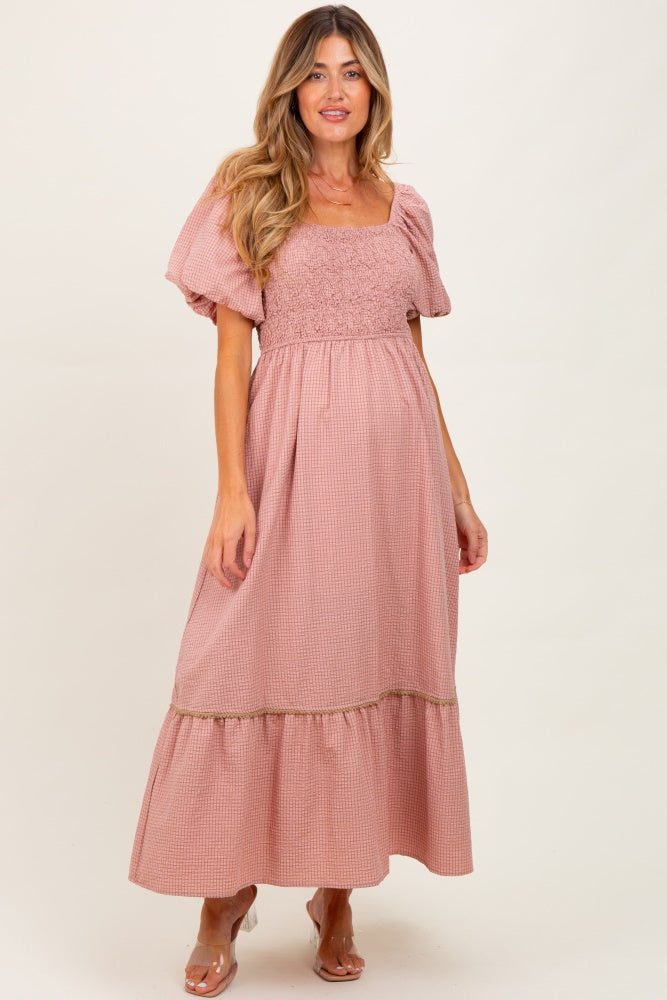 Mauve Plaid Smocked Puff Sleeve Maternity Maxi Dress