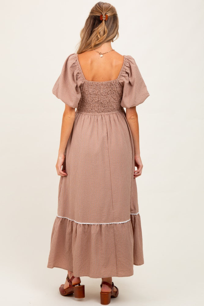 Mocha Plaid Smocked Puff Sleeve Maternity Maxi Dress