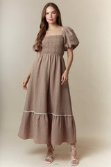 Mocha Plaid Smocked Puff Sleeve Maxi Dress