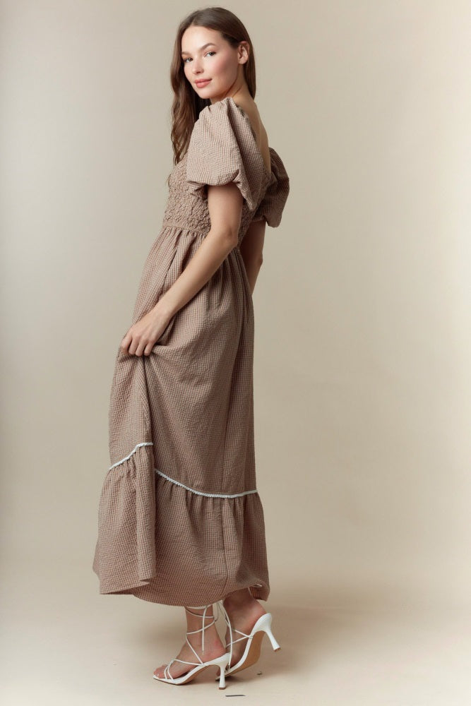 Mocha Plaid Smocked Puff Sleeve Maxi Dress